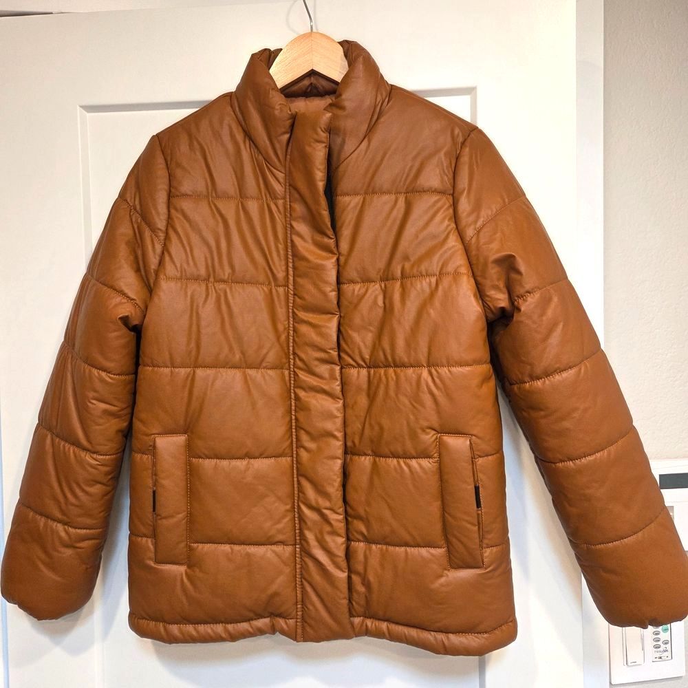 Faux Leather Puffer Women's Bomber Jacket Camel Brown M